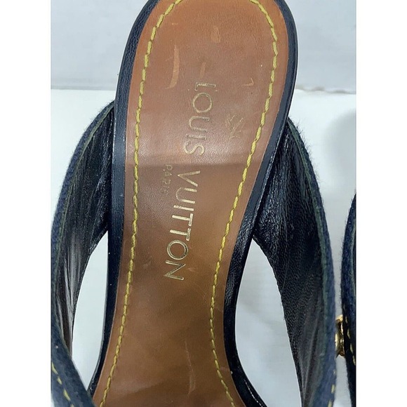 Authentic Louis Vuitton 05 Gold Stud Canvas Wedge Sole Sandals Sz 37.5 US 7.5 - Picture 6 of 10